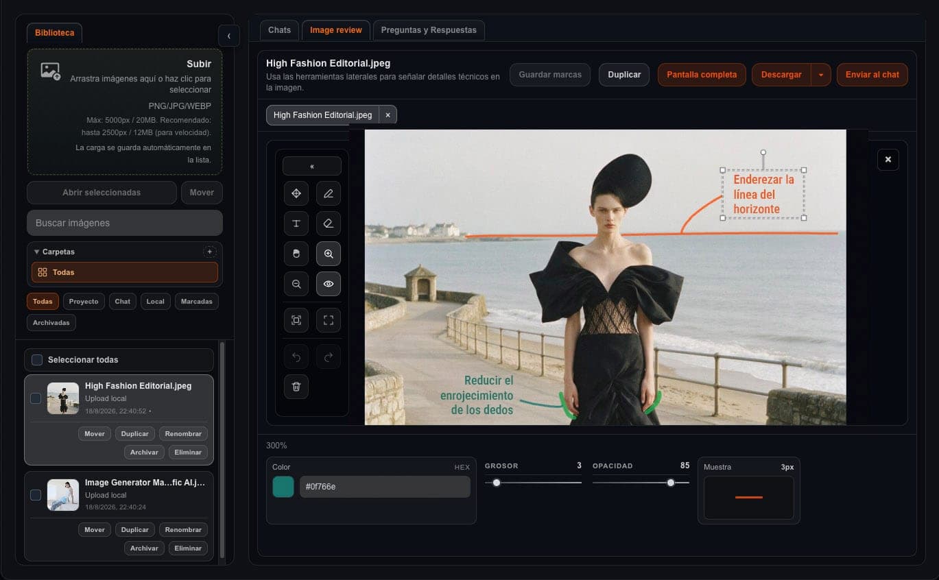 Image Review de Retouch Tutor: marcaciones técnicas sobre un editorial de moda, indicando el ajuste de la línea del horizonte y la suavización del enrojecimiento de los dedos.